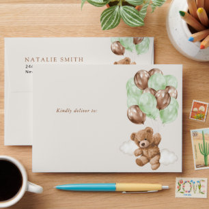 Teddy Bear, Baby Bear, Green Balloons, Baby Shower Envelope
