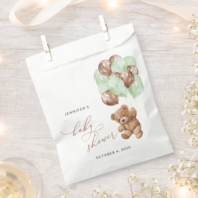 Teddy Bear, Baby Bear, Green Balloons, Baby Shower Favour Bags (Clipped)