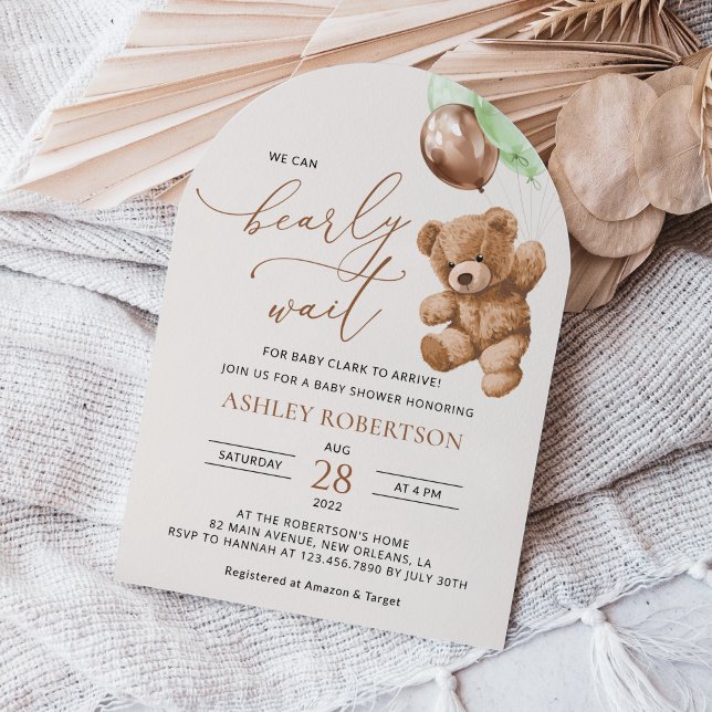 Teddy Bear, Baby Bear, Green Balloons, Baby Shower Invitation (Creator Uploaded)