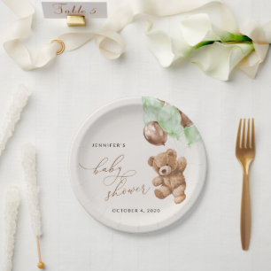 Teddy Bear, Baby Bear, Green Balloons, Baby Shower Paper Plate