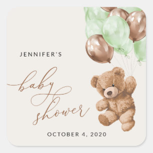 Teddy Bear, Baby Bear, Green Balloons, Baby Shower Square Sticker