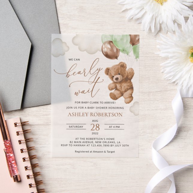 Teddy Bear, Baby Bear, Green Balloons, Baby Shower Vellum Invitations (Wedding)