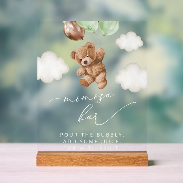 Teddy Bear, Baby Bear, Green Balloons, Momosa Bar Acrylic Sign (Neutral)