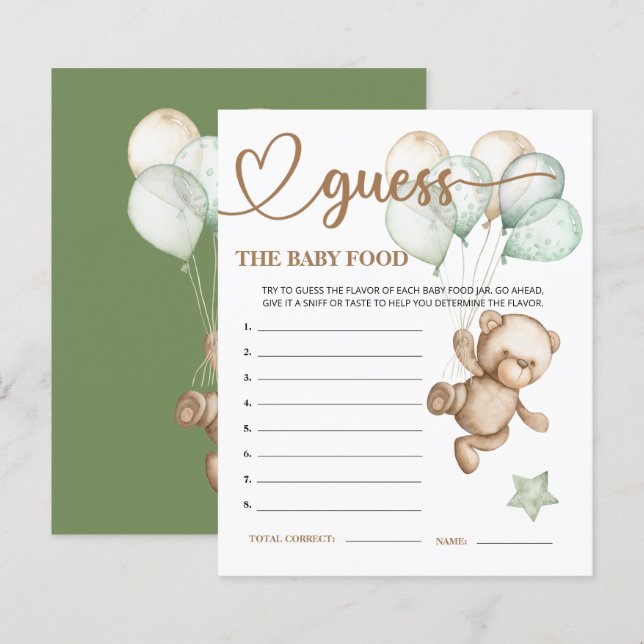 Teddy Bear Baby Bear Guess the Baby Food Card. (Front/Back)