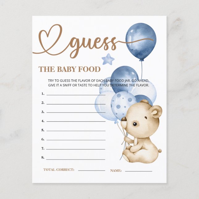 Teddy Bear Baby Bear Guess the Baby Food Card. (Front)