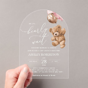 Teddy Bear, Baby Bear, Pink Balloons, Baby Shower Acrylic Invitations