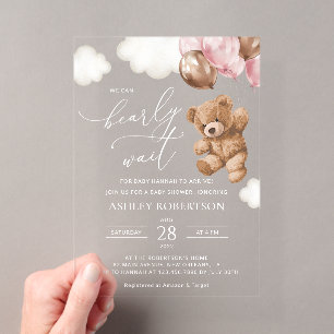 Teddy Bear, Baby Bear, Pink Balloons, Baby Shower Acrylic Invitations