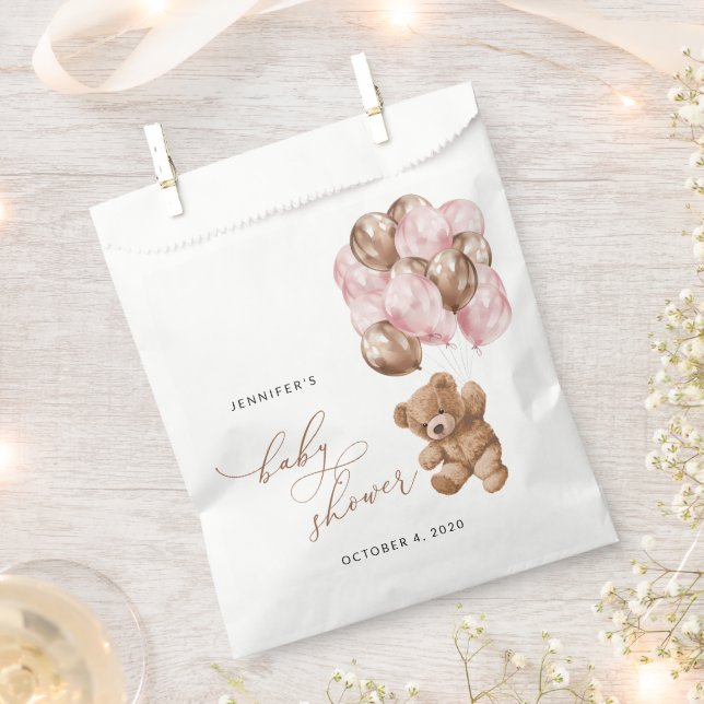 Teddy Bear, Baby Bear, Pink Balloons, Baby Shower Favour Bags (Clipped)