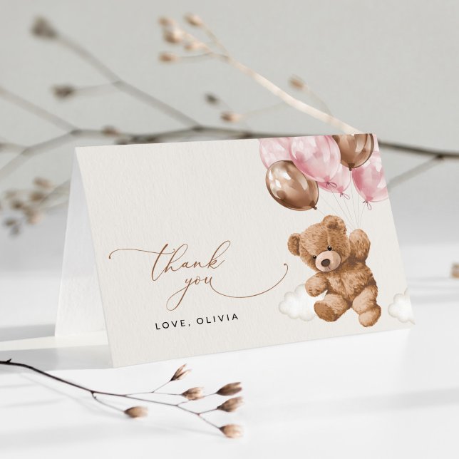 Teddy Bear, Baby Bear, Pink Balloons, Baby Shower Thank You Card (Creator Uploaded)