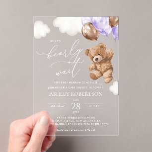 Teddy Bear, Baby Bear, Purple Balloon, Baby Shower Acrylic Invitations