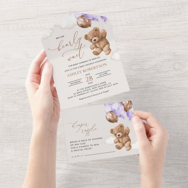 Teddy Bear, Baby Bear, Purple Balloon, Baby Shower All In One Invitation (Tearaway)