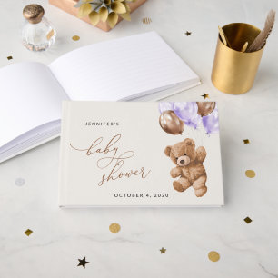 Teddy Bear, Baby Bear, Purple Balloon, Baby Shower Guest Book