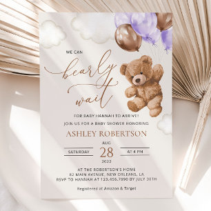 Teddy Bear, Baby Bear, Purple Balloon, Baby Shower Invitation