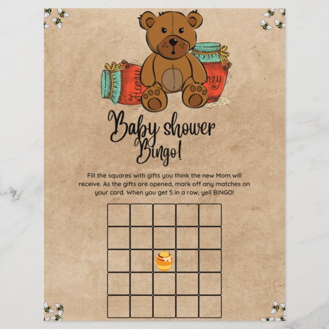 Teddy Bear Baby Bingo Baby Shower Game (Front)