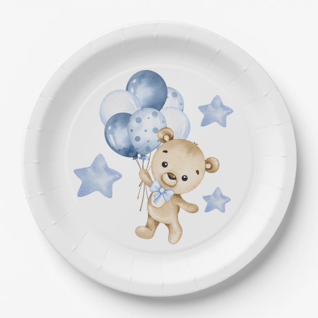Teddy Bear Baby Boy Baby Shower Paper Plates (Front)