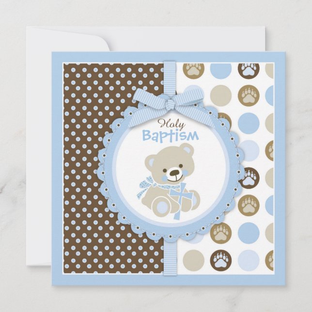 Teddy Bear Baby Boy Baptism Blue Invitation (Front)