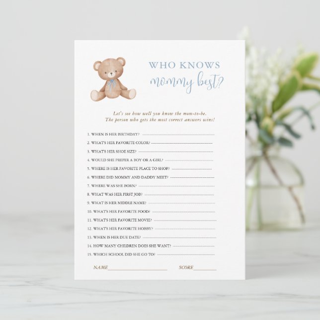 Teddy Bear Baby Boy Shower game  Invitation (Standing Front)