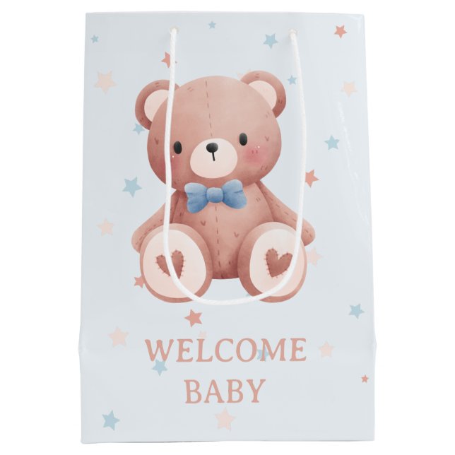 Teddy Bear Baby Boy Shower - Soft Blue Stars Medium Gift Bag (Back)