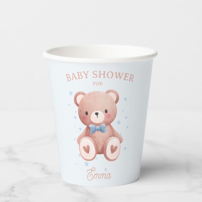 Teddy Bear Baby Boy Shower - Soft Blue Stars Paper Cups (Front)