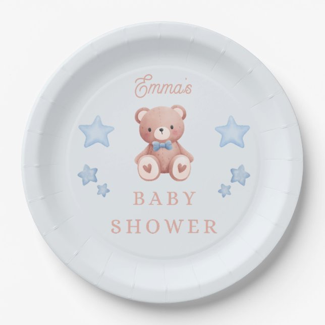 Teddy Bear Baby Boy Shower - Soft Blue Stars Paper Plate (Front)