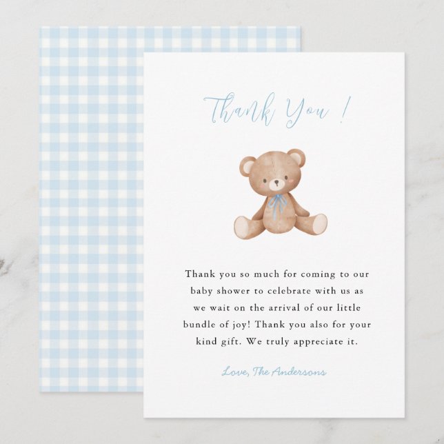 Teddy Bear Baby Boy shower Thank you card (Front/Back)