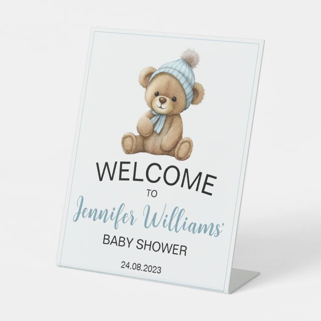 Teddy bear baby boy shower Welcome Pedestal Sign (Front)
