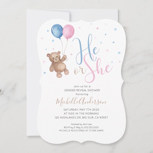 Teddy Bear Baby Gender Reveal Shower Invitation (Front)