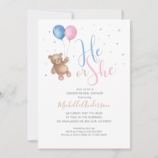Teddy Bear Baby Gender Reveal Shower Invitation (Front)