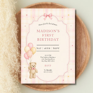 Teddy Bear Baby Girl 1st First Birthday Invitation