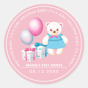 Teddy Bear   Baby Girl Baby Shower Favour Stickers