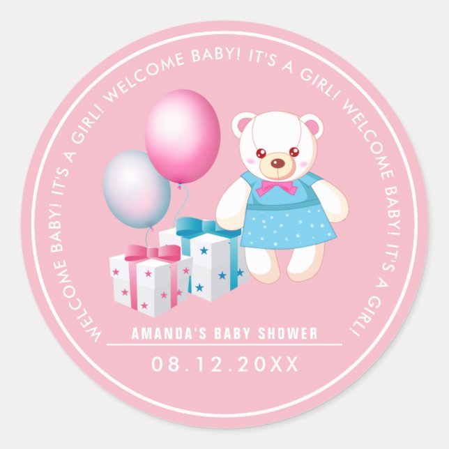 Teddy Bear | Baby Girl Baby Shower Favour Stickers (Front)