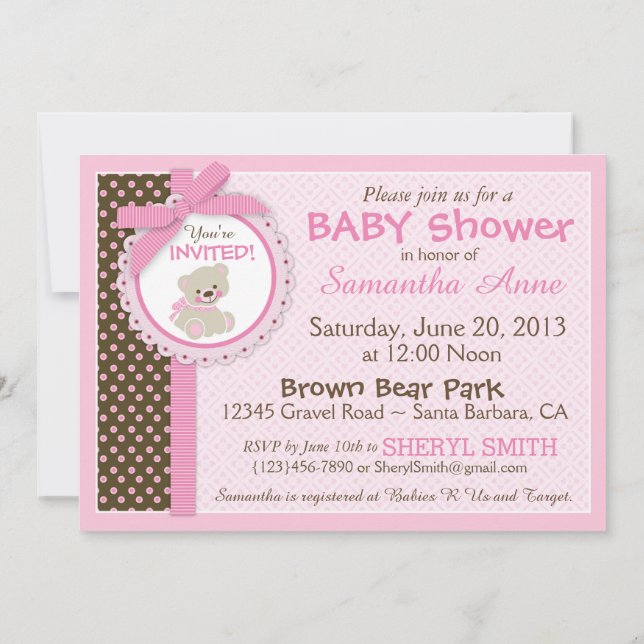 Teddy Bear Baby Girl Baby Shower Pink Invitation (Back)