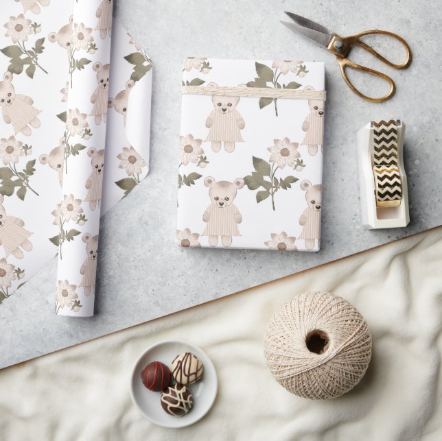 Teddy Bear Baby Girl Floral Neutral Baby Shower Wrapping Paper (Crafts)
