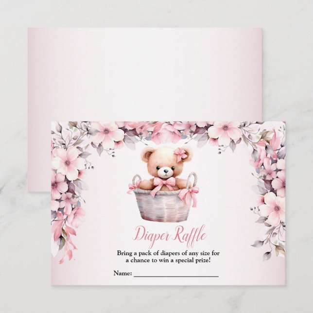 Teddy Bear Baby Girl Pink Flowers Baby Shower Enclosure Card (Front/Back)