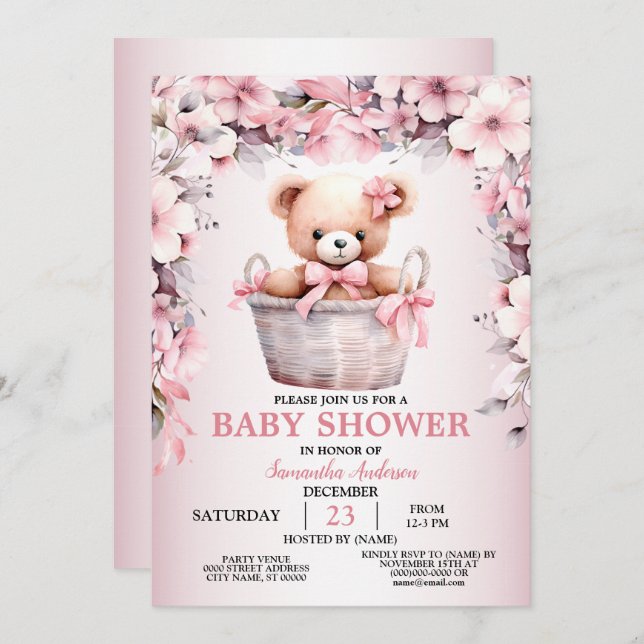 Teddy Bear Baby Girl Pink Flowers Baby Shower  Invitation (Front/Back)