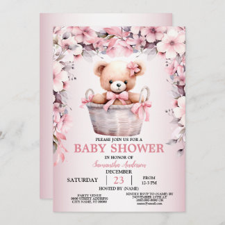 Teddy Bear Baby Girl Pink Flowers Baby Shower  Invitation