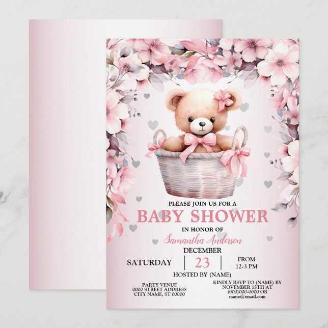 Teddy Bear Baby Girl Pink Flowers Baby Shower  Invitation (Front/Back)