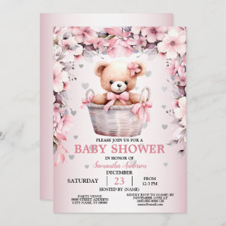 Teddy Bear Baby Girl Pink Flowers Baby Shower  Invitation