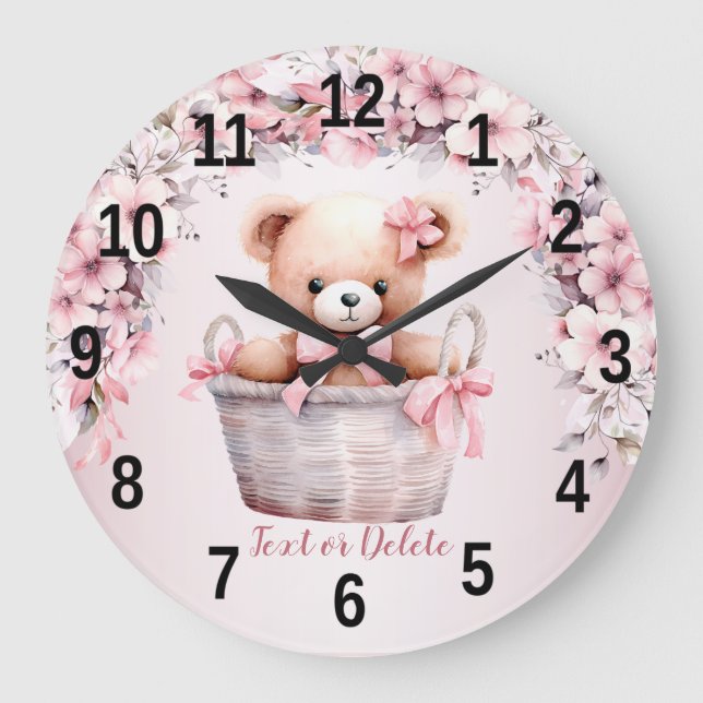 Teddy Bear Baby Girl Pink Flowers Elegant Chick Large Clock (Front)