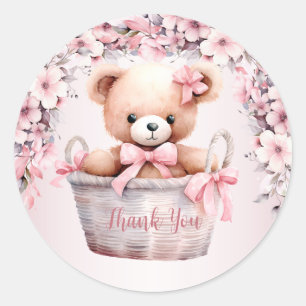 Teddy Bear Baby Girl Pink Flowers Party Elegant Classic Round Sticker