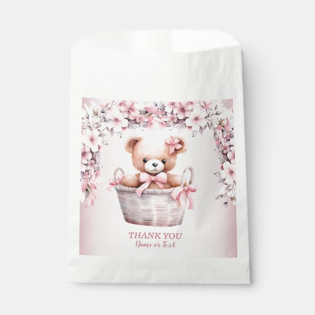 Teddy Bear Baby Girl Pink Flowers Party Elegant Favour Bags (Front)