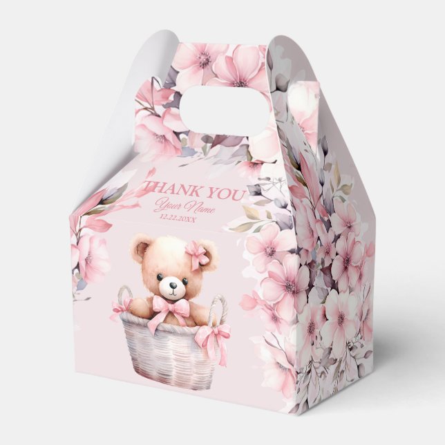 Teddy Bear Baby Girl Pink Flowers Party Elegant Favour Box (Front Side)