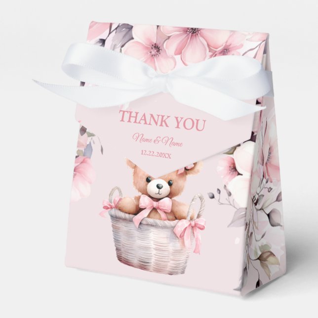Teddy Bear Baby Girl Pink Flowers Party Elegant Favour Box (Front Side)