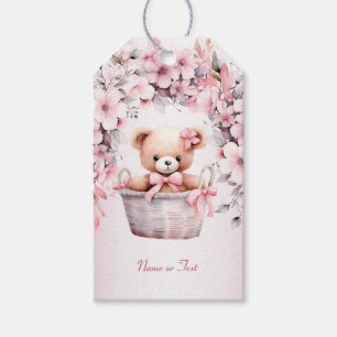 Teddy Bear Baby Girl Pink Flowers Party Elegant Gift Tags