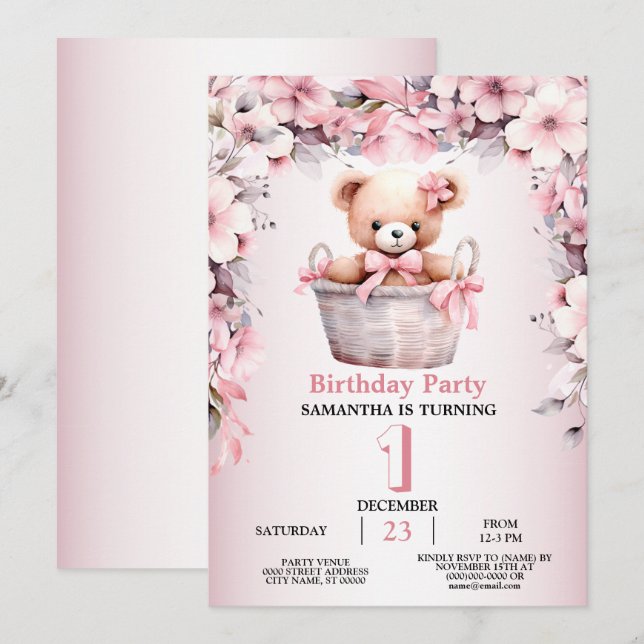 Teddy Bear Baby Girl Pink Flowers Party Elegant Invitation (Front/Back)