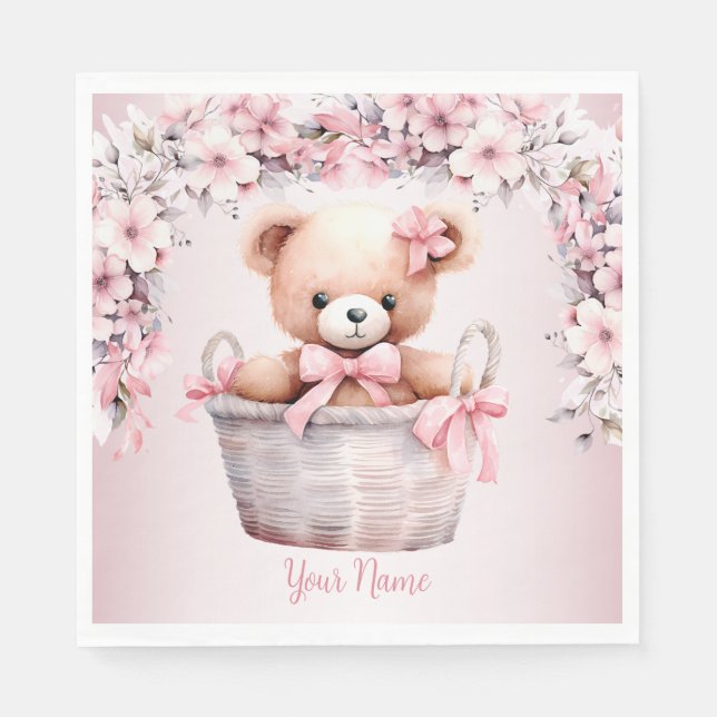 Teddy Bear Baby Girl Pink Flowers Party Elegant Napkin (Front)