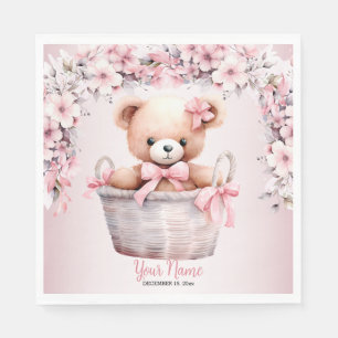 Teddy Bear Baby Girl Pink Flowers Party Elegant Napkin