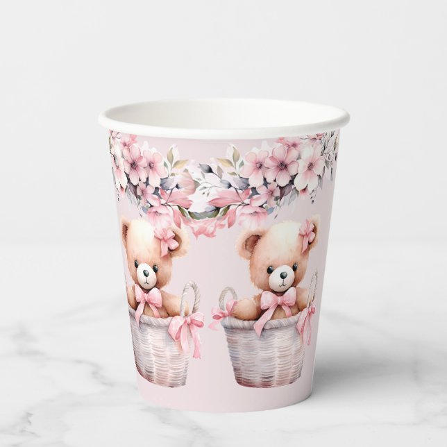 Teddy Bear Baby Girl Pink Flowers Party Elegant Paper Cups (Back)