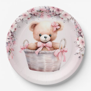 Teddy Bear Baby Girl Pink Flowers Party Elegant Paper Plate