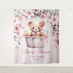 Teddy Bear Baby Girl Pink Flowers Party Elegant Tapestry